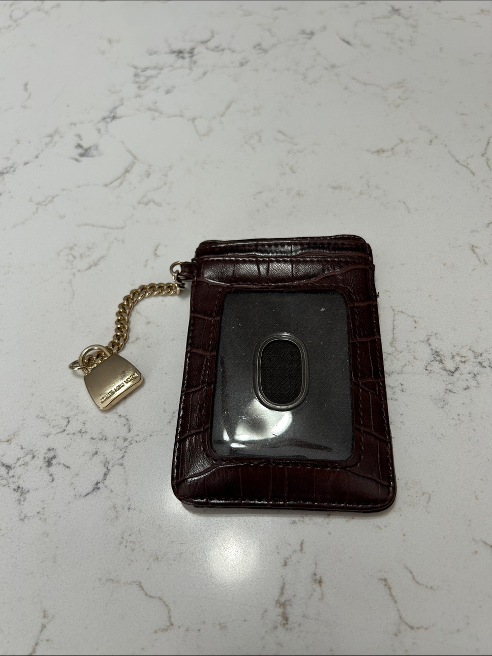 Jones New York Dark Brown Croc-Embossed Card Holder with Gold Charm Chain